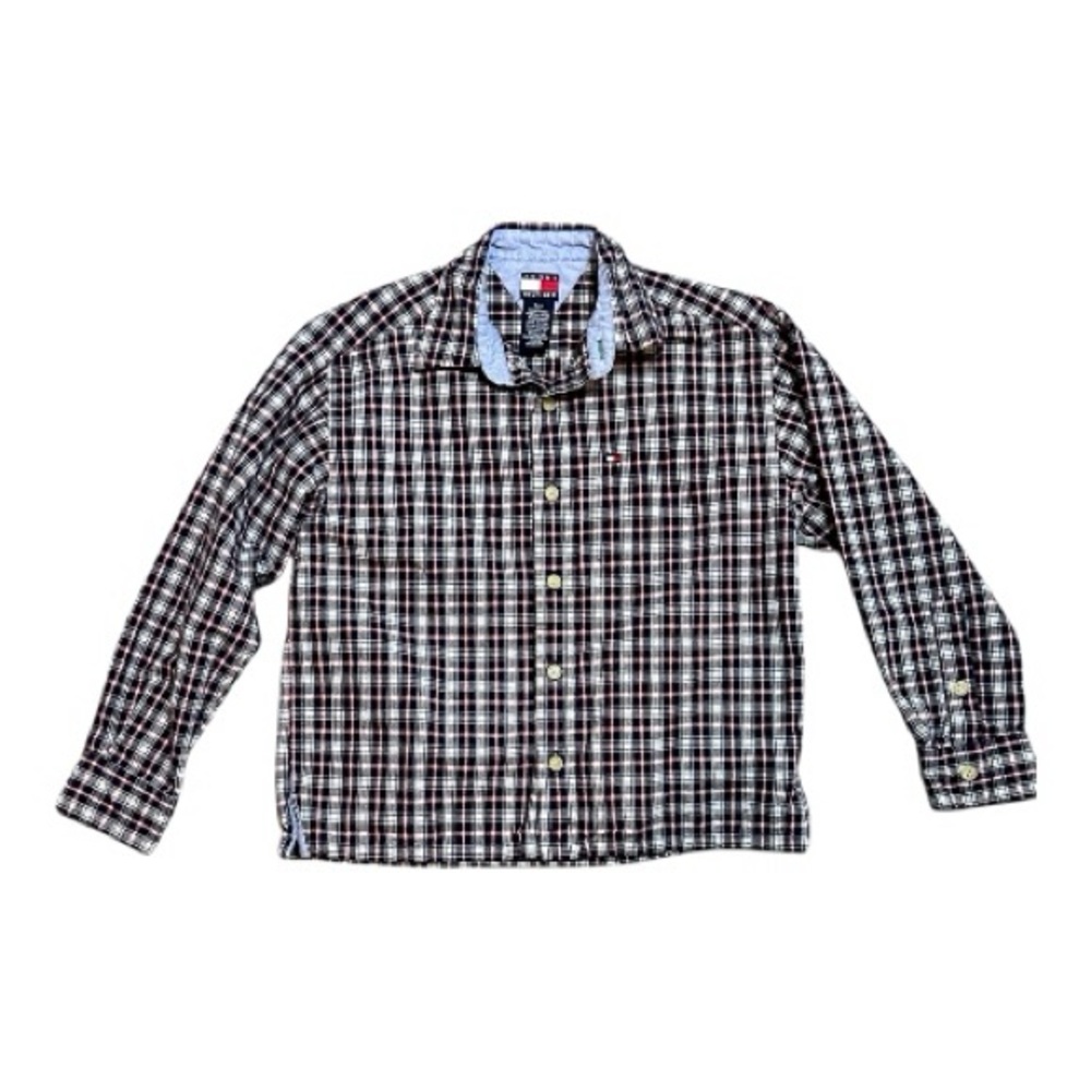 Tommy Hilfiger Boys Red Navy Plaid Button Down Shirt Small